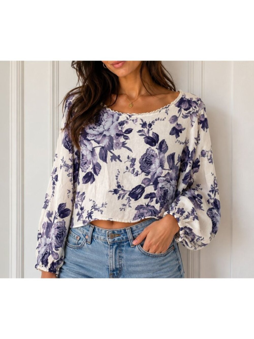 Vintage Laura Ashley Floral Crop Top Blouse Linen Balloon Sleeve Back Button Sma